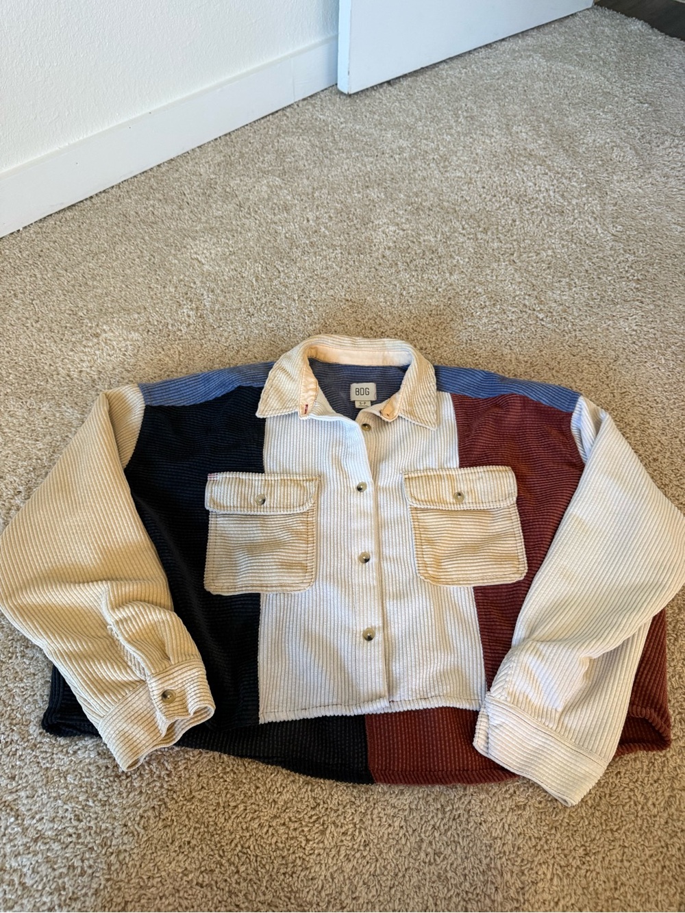 Urban Outfitters BDG Corduroy Colorblock Jacket in Cream, Blue & Rust